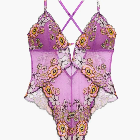 Savage X Fenty Juicy Purple Flower Poppy Print Mod Poppy Lace Teddy - Picture 4 of 8